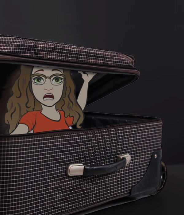 Mini Sherri scared in a suitcase during the Spain power outage.