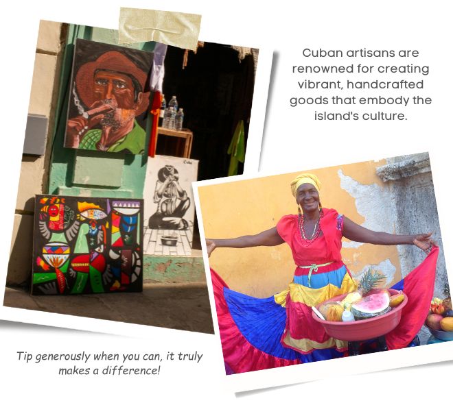 phot of Cuban art work for sale and a woman dressed very colourful at a local market.