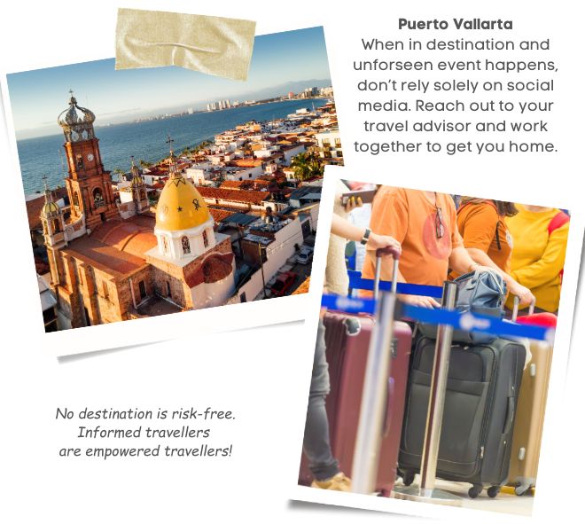 Top image arial view of Puerto Vallarta and images of a lineup at the airport