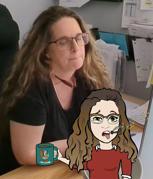 Photo of Sherri Lavigne on hold with a supplier and Mini Sherri is also on hold listening to awful hold music.