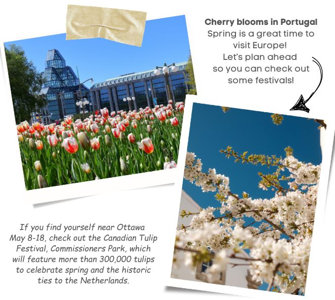 Snap shots of photos of the tulip festival in Ottawa in the top left; bottom right photo is cherry blossoms in Portugal