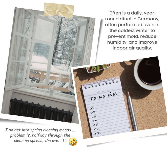Snap shots of photos: top left image is a window open in the winter bringing in fresh air into the house; bottom right photo is a blank to-do list with a cup of coffee to the side, because who actually wants to do spring cleaning.