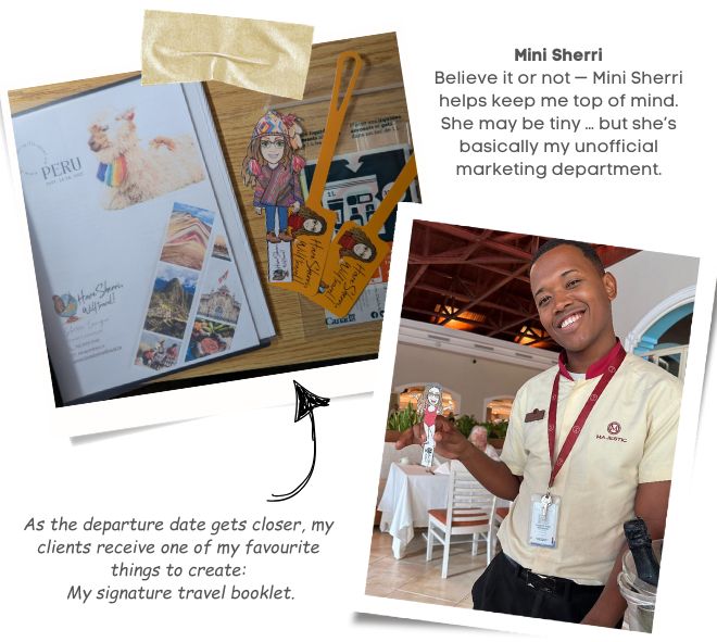 polaroid style images. one showing Have Sherri Will Travel travel booklet and the other one is Mini Sherri with a Majestic staff member.